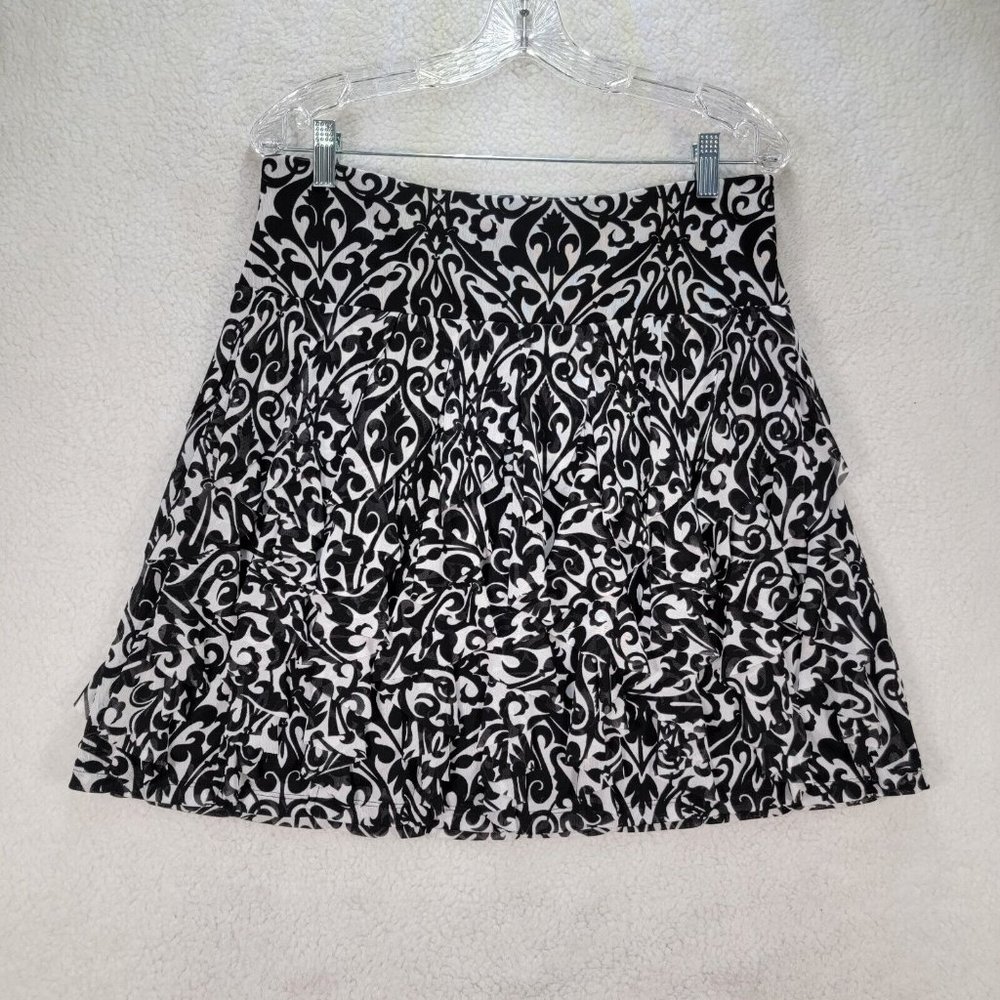 Y2K INC Black Paisley Pull On Ruffled Shimmy Cocktail Evening A Line Mini Skirt